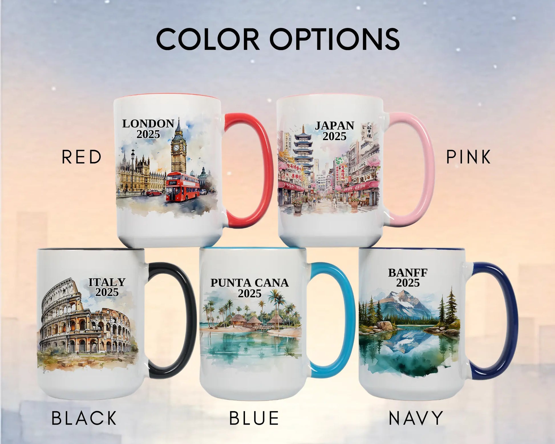 Custom ceramic Italy Colosseum vacation mug with watercolor location design, date, and personal photo – personalized travel gift or photo mug. Color options
