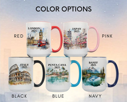 Custom ceramic Italy Colosseum vacation mug with watercolor location design, date, and personal photo – personalized travel gift or photo mug. Color options