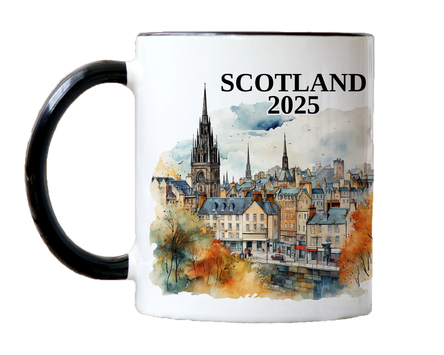 Custom ceramic Edinburgh Scotland vacation mug with watercolor location design, date, and personal photo – personalized travel gift or photo mug.