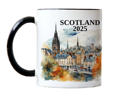 Custom ceramic Edinburgh Scotland vacation mug with watercolor location design, date, and personal photo – personalized travel gift or photo mug.