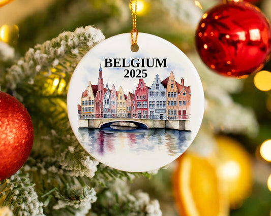 Custom Belgium ceramic photo ornament with personalized message – handmade Christmas bauble, gift souvenir, or vacation keepsake.