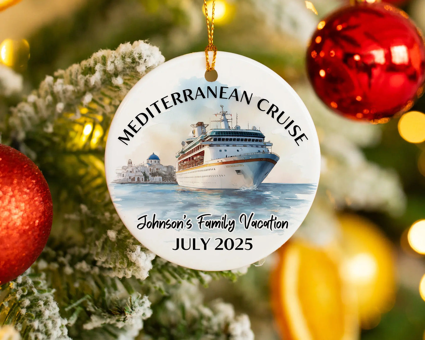 Handmade ceramic Mediterranean cruise ornament with personalized location and photo – custom Christmas bauble or cruise vacation souvenir.