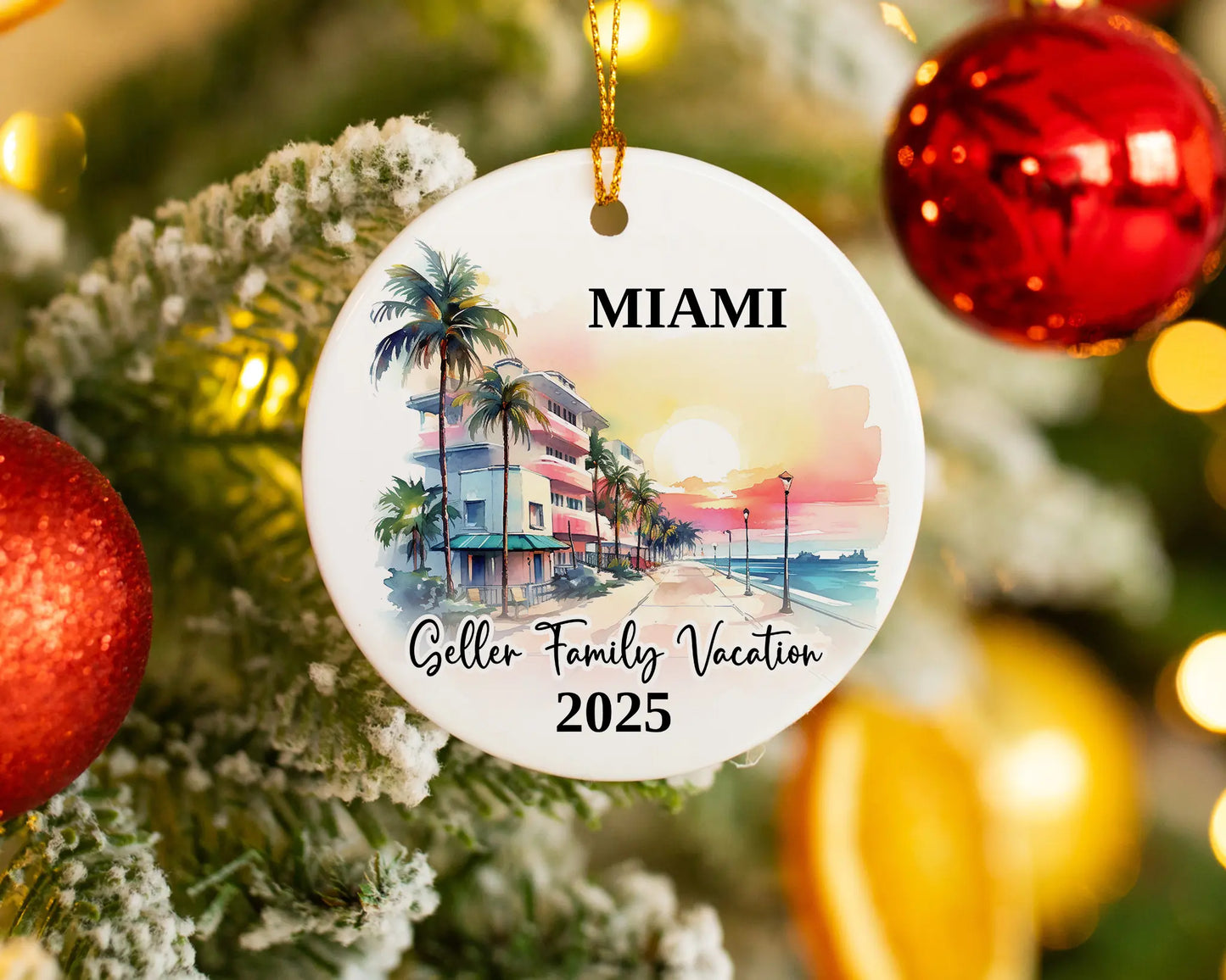 Custom vacation Miami Florida ceramic photo ornament with personalized message – handmade Christmas bauble, gift souvenir, or vacation keepsake. 