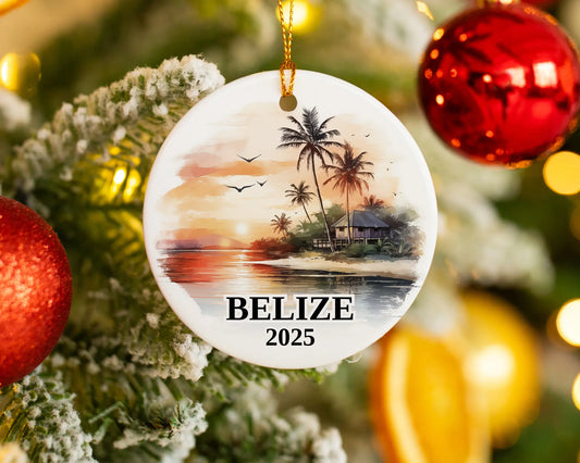 Custom Belize ceramic photo ornament with personalized message – handmade Christmas bauble, gift souvenir, or vacation keepsake.  