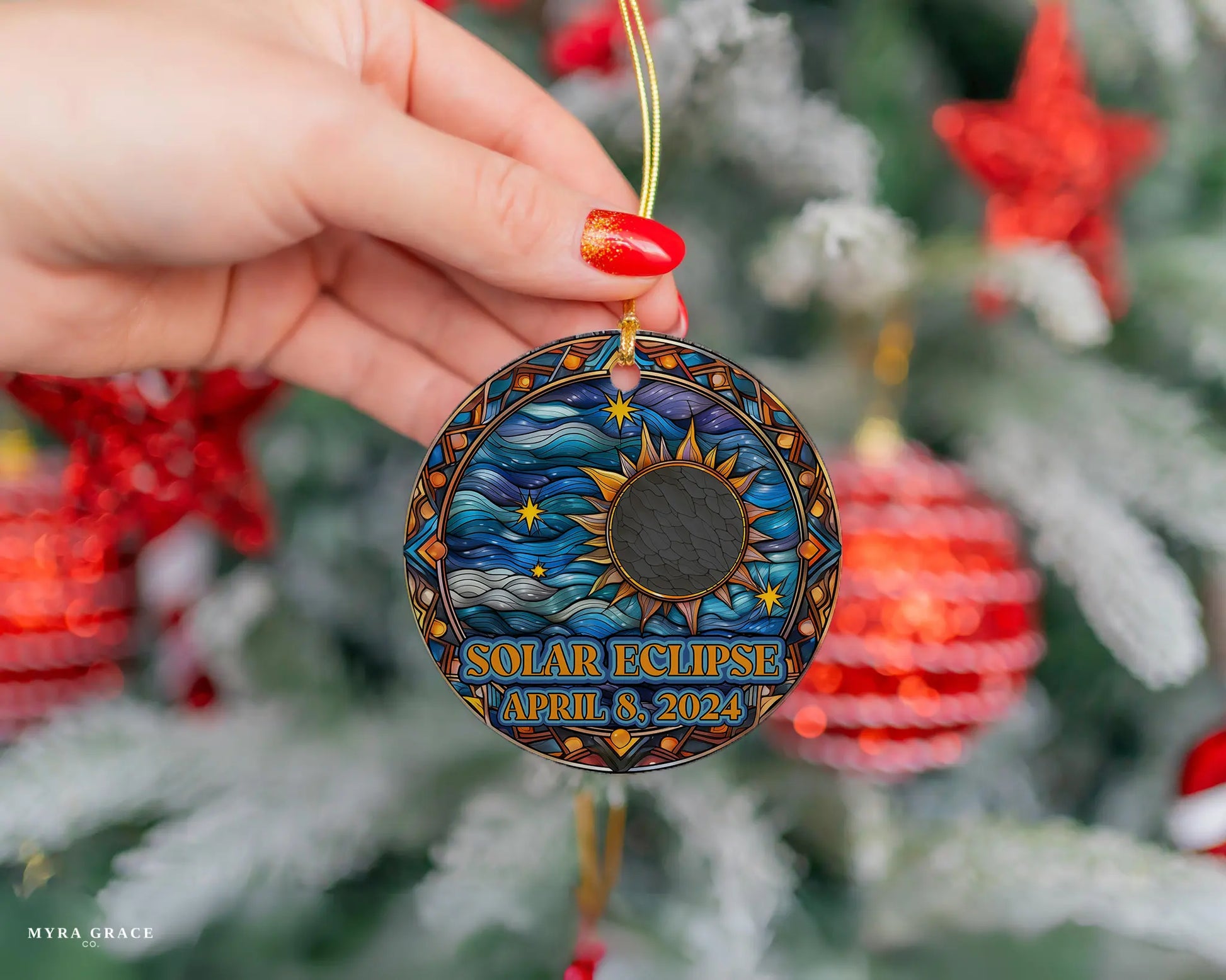 Ceramic solar eclipse 2024 ornament with celestial design – space-themed gift or keepsake.
