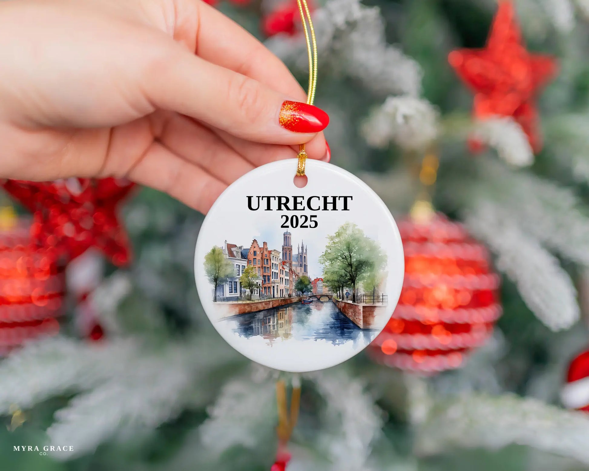 Utrecht Netherlands Ornament Custom Gift Souvenir Bauble. Custom Utrecht Netherlands ceramic photo ornament with personalized message – handmade Christmas bauble, gift souvenir, or vacation keepsake.  