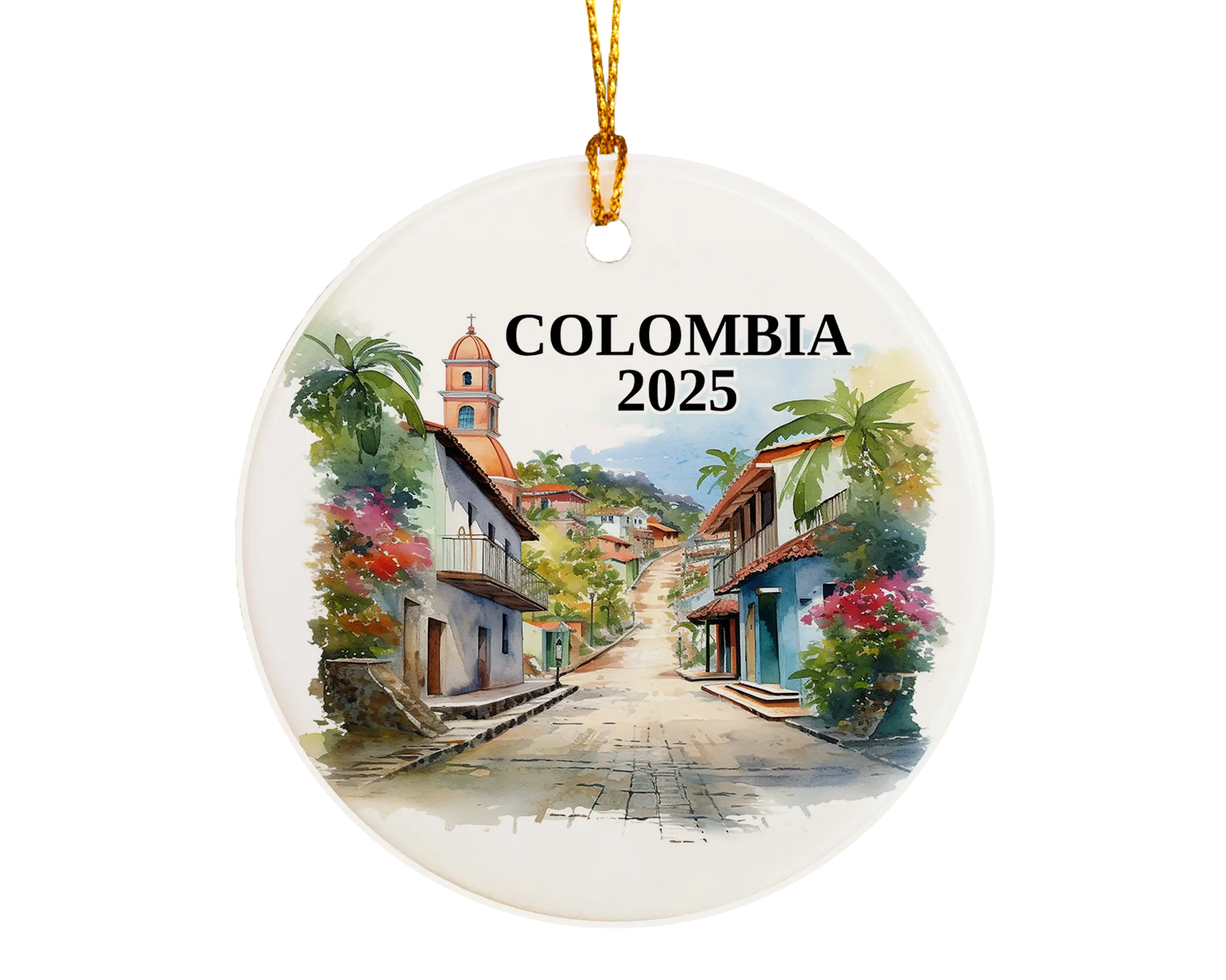Custom Colombia ceramic photo ornament with personalized message – handmade Christmas bauble, gift souvenir, or vacation keepsake.  