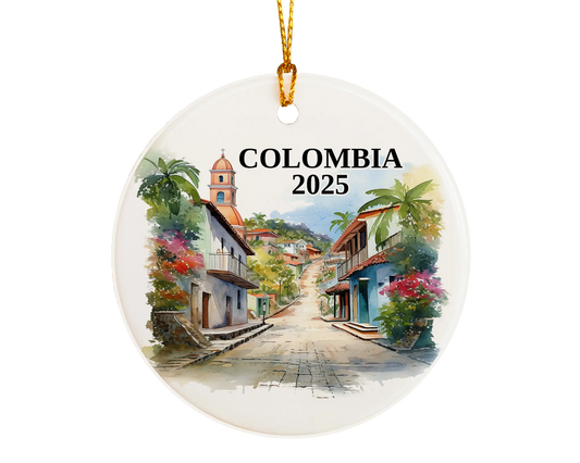 Custom Colombia ceramic photo ornament with personalized message – handmade Christmas bauble, gift souvenir, or vacation keepsake.  