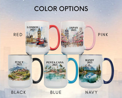 Custom ceramic Italy vacation mug with watercolor location design, date, and personal photo – personalized travel gift or photo mug. Color options