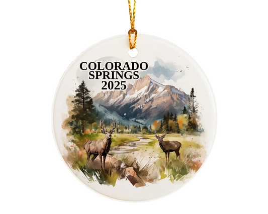 Custom Colorado Springs ceramic photo ornament with personalized message – handmade Christmas bauble, gift souvenir, or vacation keepsake.  