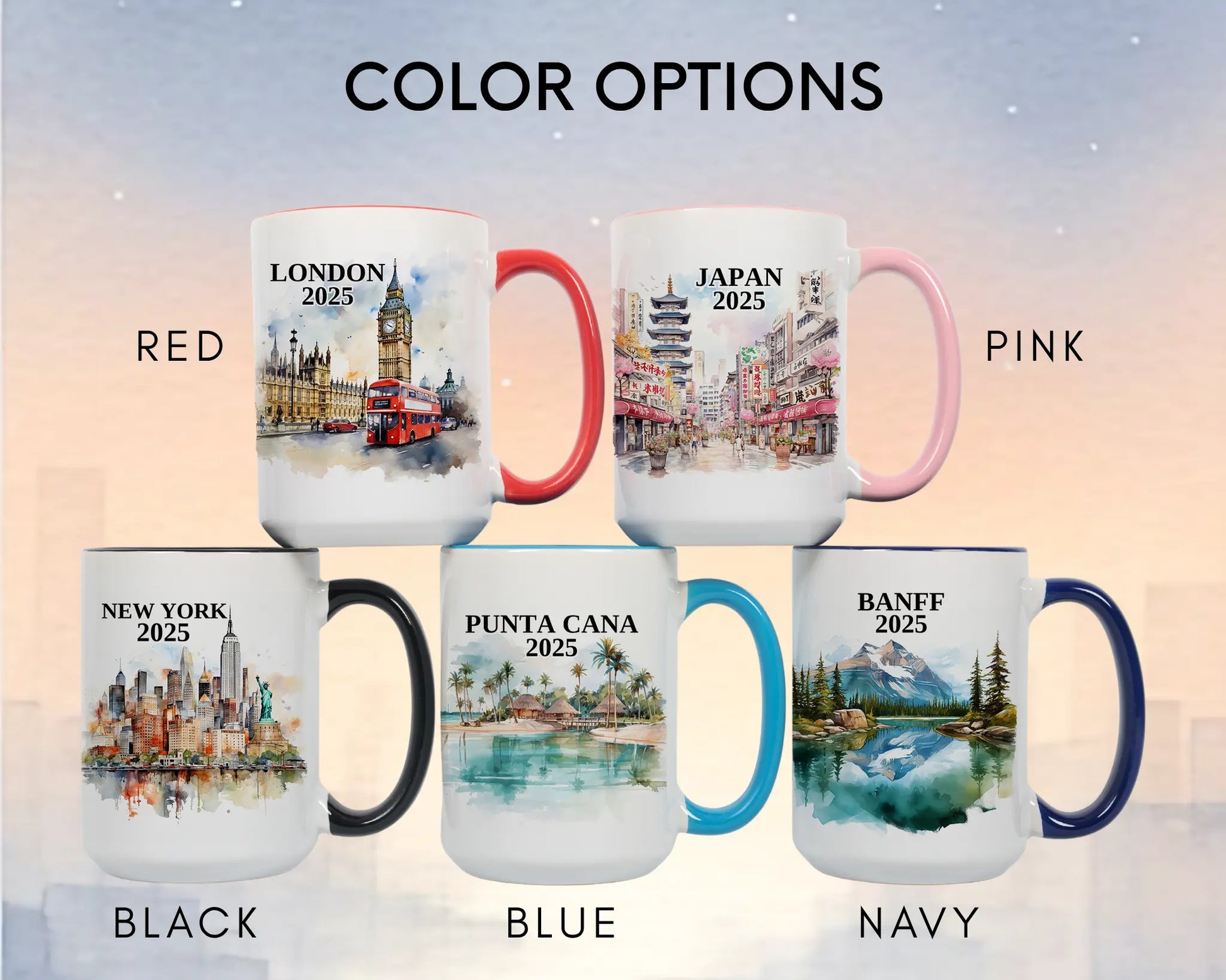 Custom ceramic New York vacation mug with watercolor location design, date, and personal photo – personalized travel gift or photo mug. Color options