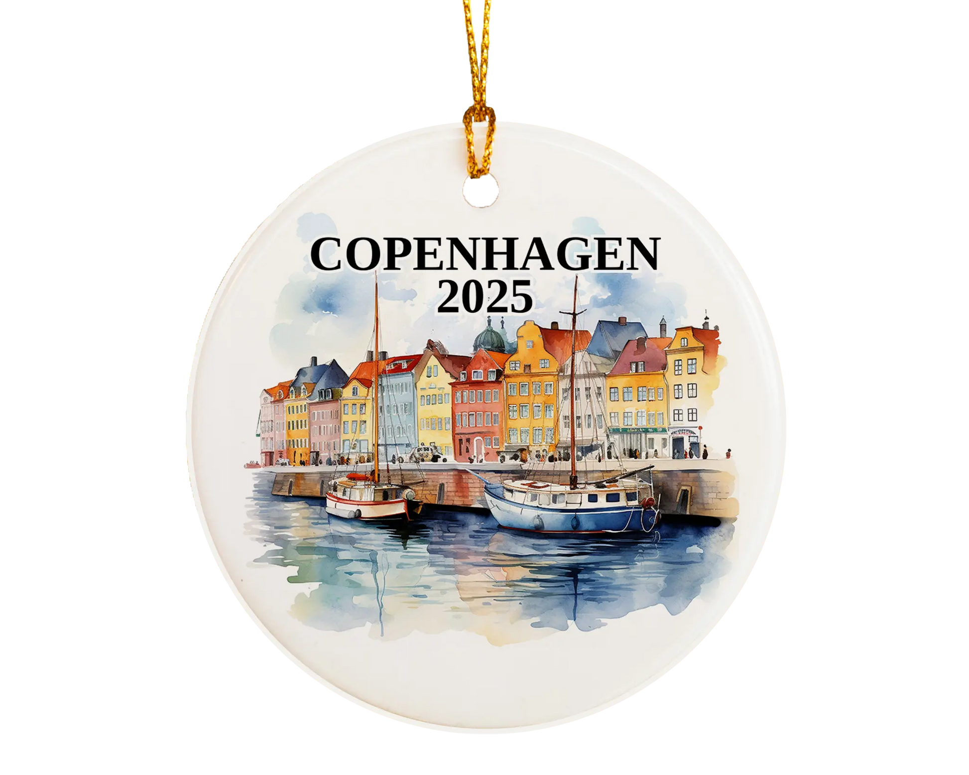 Custom Copenhagen ceramic photo ornament with personalized message – handmade Christmas bauble, gift souvenir, or vacation keepsake.  
