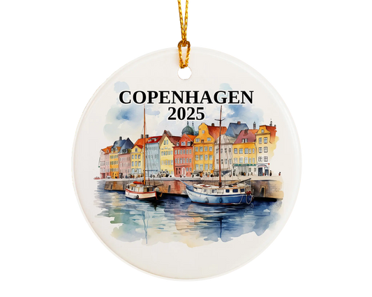 Custom Copenhagen ceramic photo ornament with personalized message – handmade Christmas bauble, gift souvenir, or vacation keepsake.  