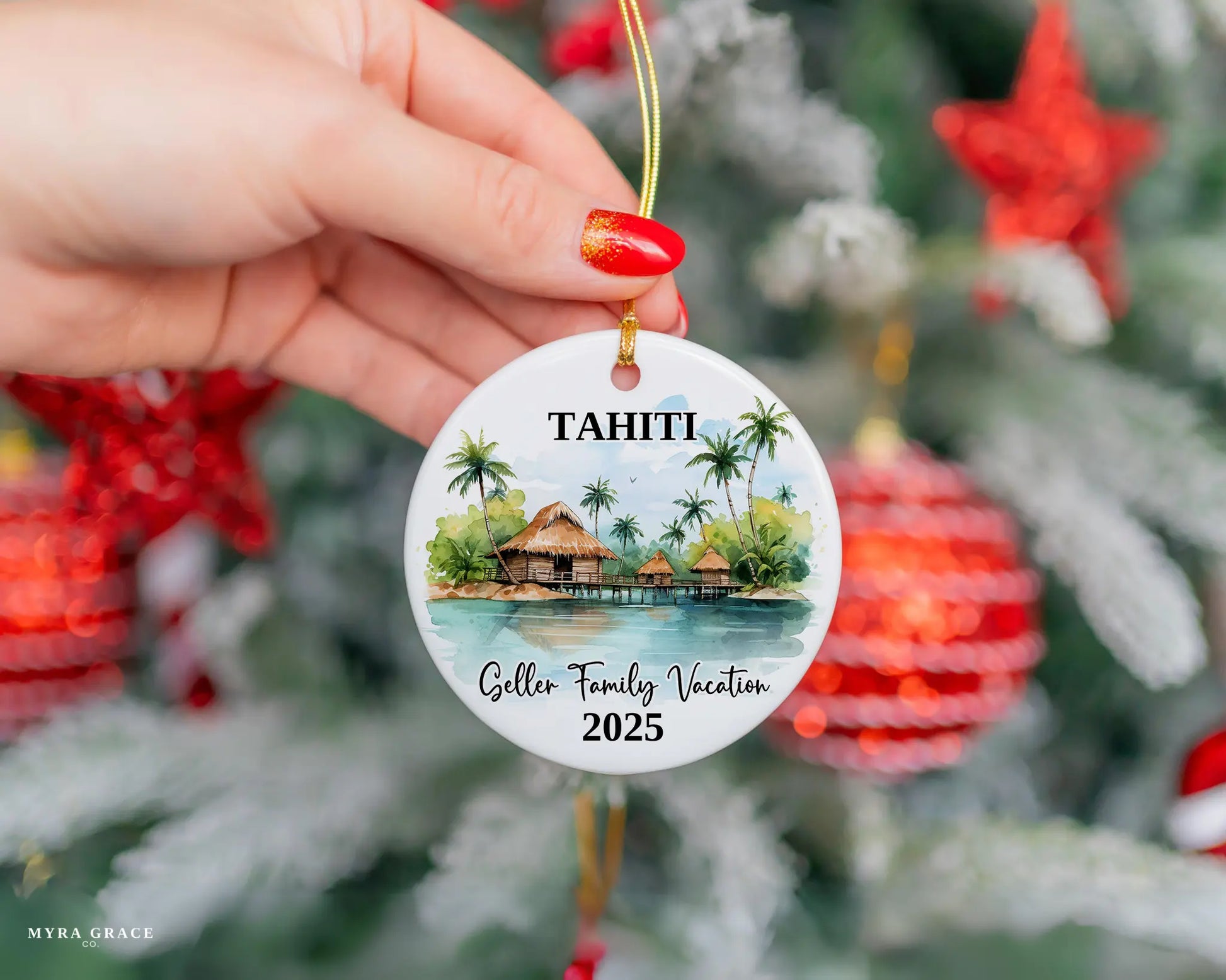 Custom vacation Tahiti ceramic photo ornament with personalized message – handmade Christmas bauble, gift souvenir, or vacation keepsake. 