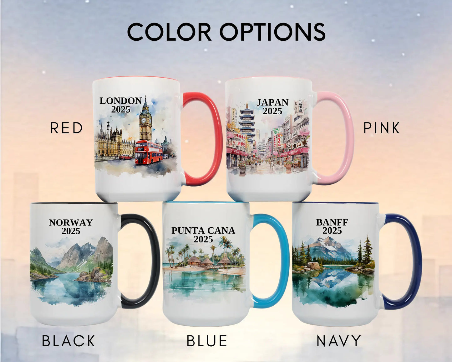 Custom ceramic Norway vacation mug with watercolor location design, date, and personal photo – personalized travel gift or photo mug. Color options