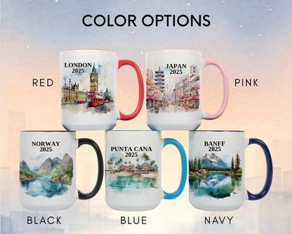 Custom ceramic Norway vacation mug with watercolor location design, date, and personal photo – personalized travel gift or photo mug. Color options