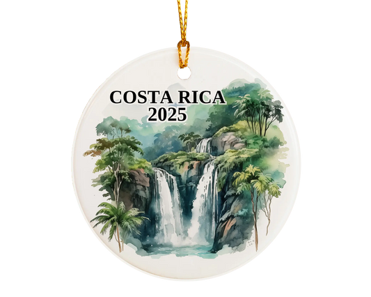 Custom Costa Rica ceramic photo ornament with personalized message – handmade Christmas bauble, gift souvenir, or vacation keepsake.  