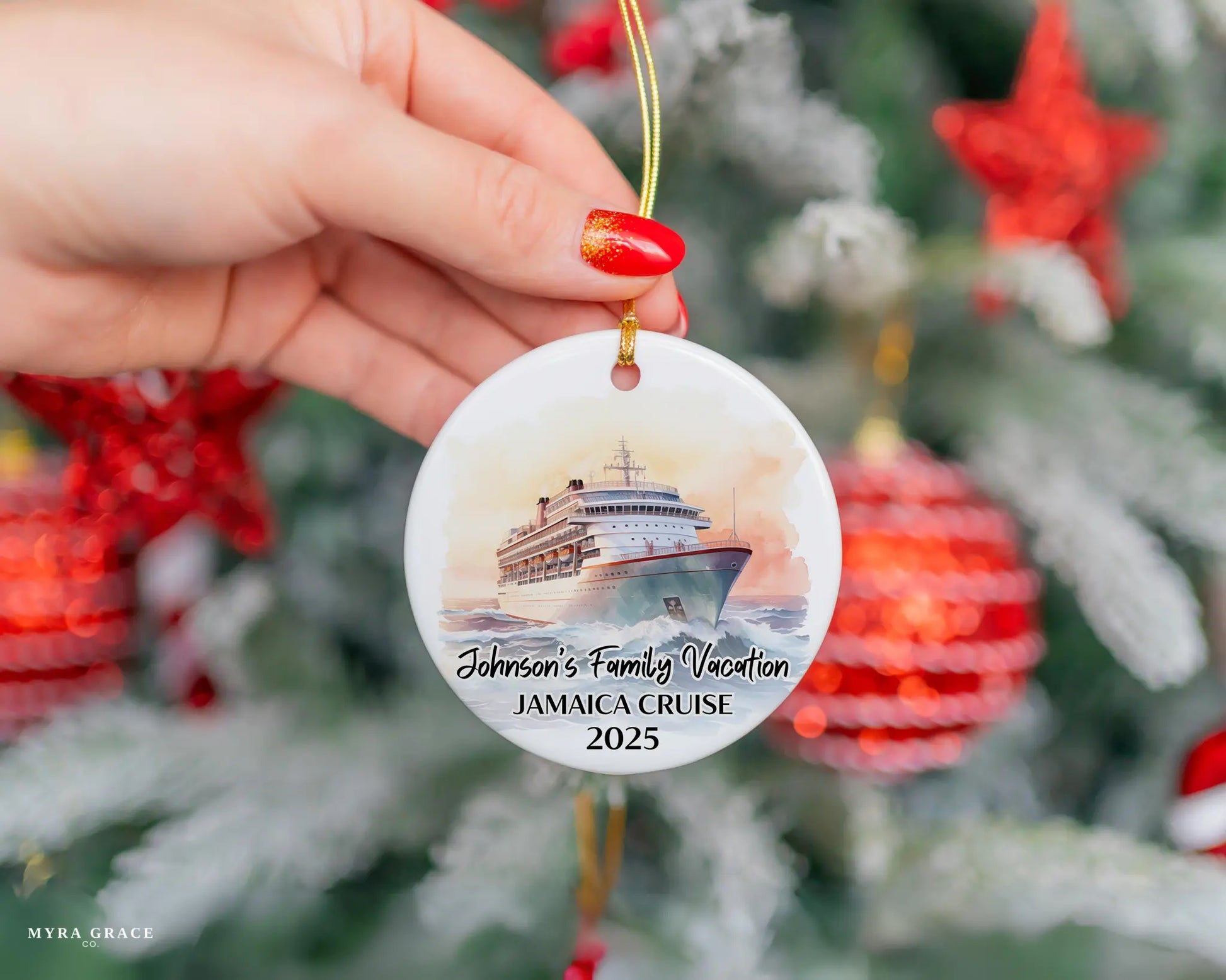 Handmade ceramic Jamaica cruise ornament with personalized location and photo – custom Christmas bauble or cruise vacation souvenir.