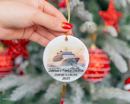 Handmade ceramic Jamaica cruise ornament with personalized location and photo – custom Christmas bauble or cruise vacation souvenir.