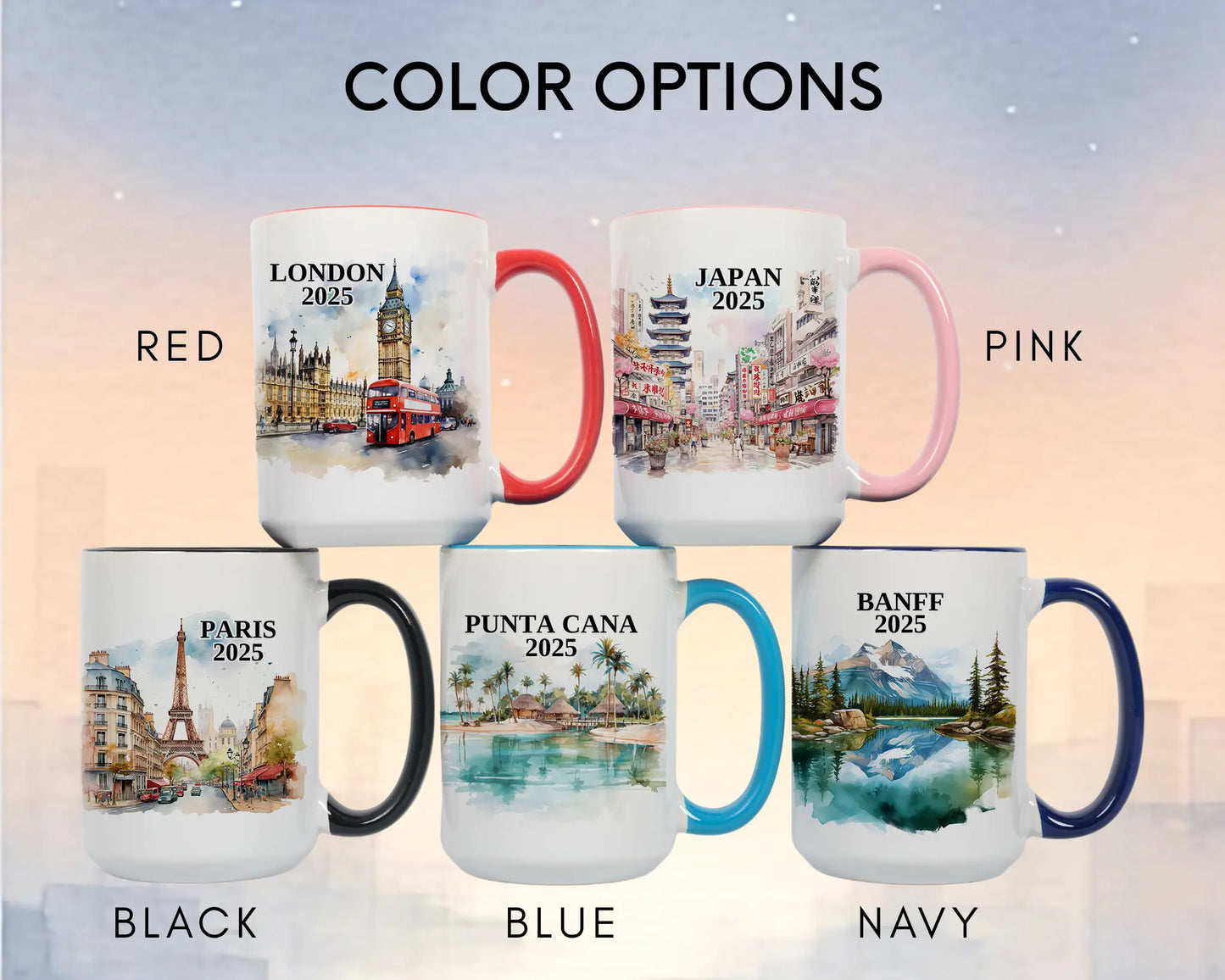 Custom ceramic Paris France vacation mug with watercolor location design, date, and personal photo – personalized travel gift or photo mug. Color options