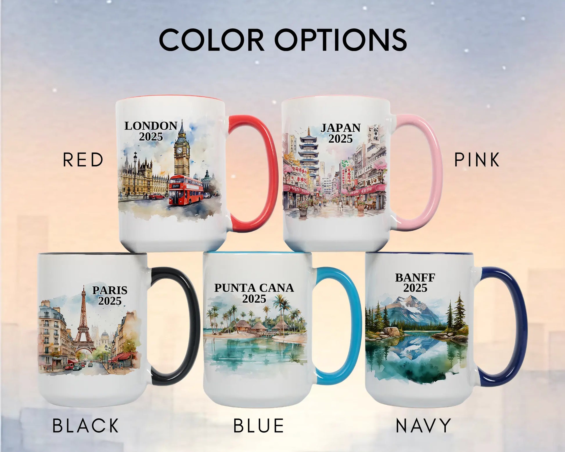 Custom ceramic Paris France vacation mug with watercolor location design, date, and personal photo – personalized travel gift or photo mug. Color options