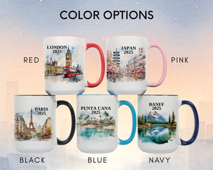 Custom ceramic Paris France vacation mug with watercolor location design, date, and personal photo – personalized travel gift or photo mug. Color options
