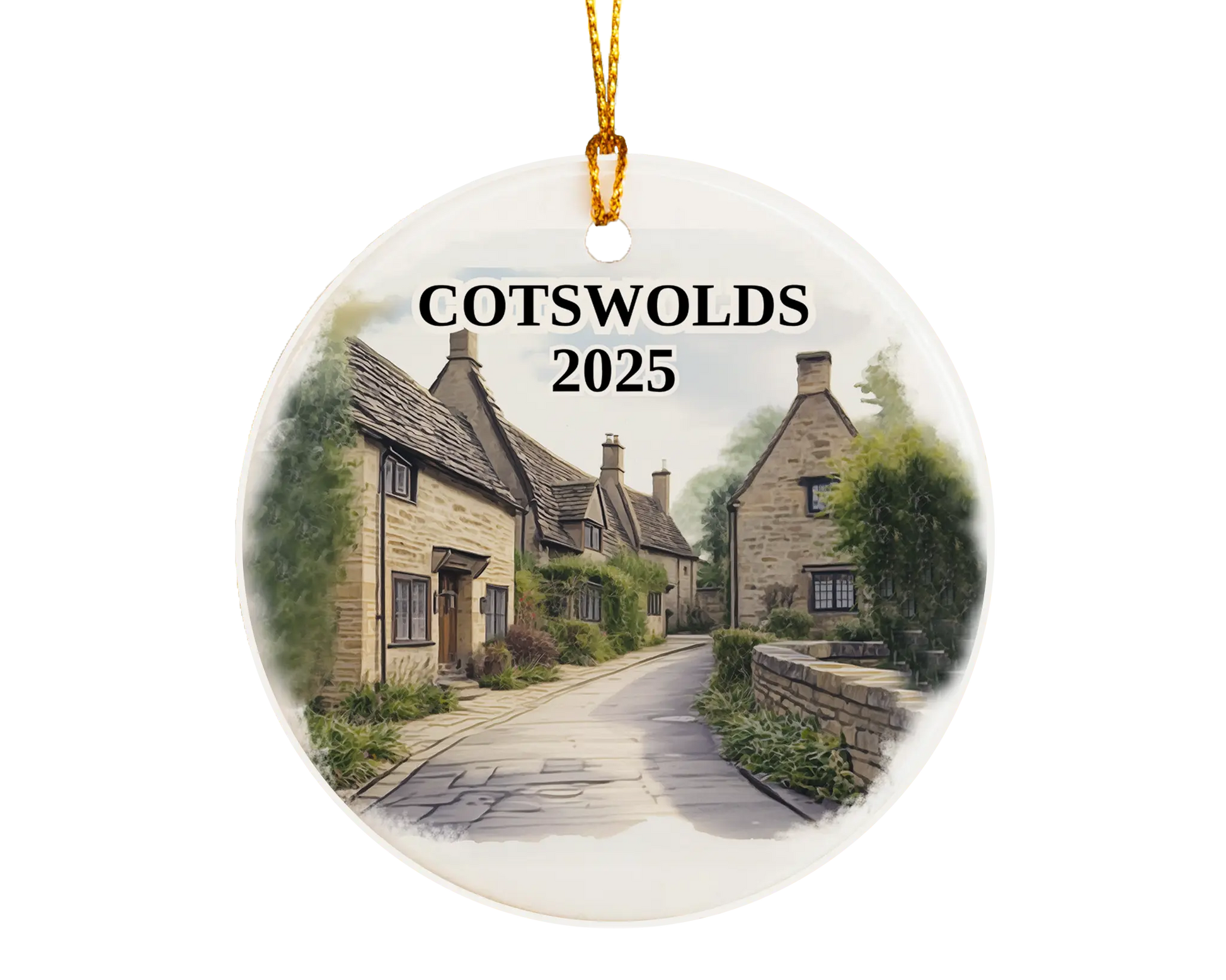 Custom Cotswolds England ceramic photo ornament with personalized message – handmade Christmas bauble, gift souvenir, or vacation keepsake.  