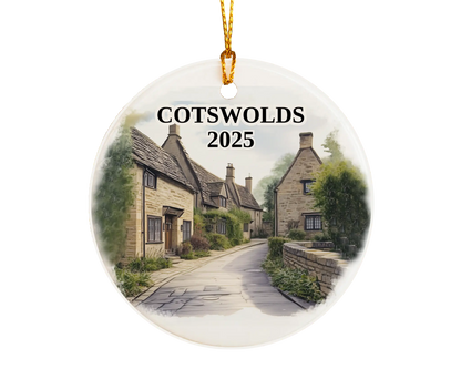 Custom Cotswolds England ceramic photo ornament with personalized message – handmade Christmas bauble, gift souvenir, or vacation keepsake.  