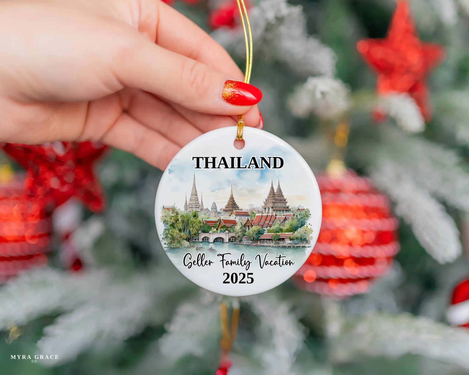 Custom vacation Thailand ceramic photo ornament with personalized message – handmade Christmas bauble, gift souvenir, or vacation keepsake. 