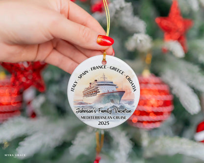 Handmade ceramic Mediterranean cruise ornament with personalized location and photo – custom Christmas bauble or cruise vacation souvenir.