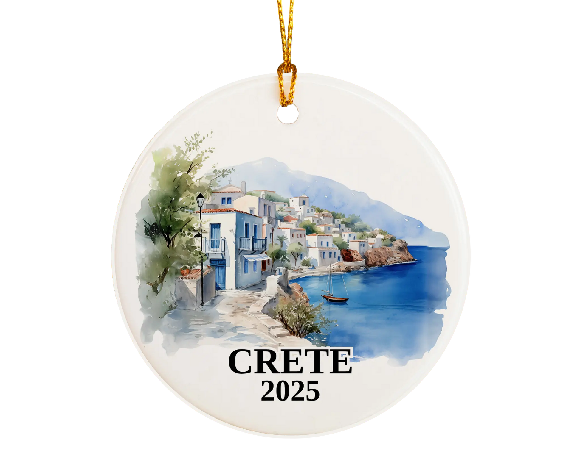 Custom Crete ceramic photo ornament with personalized message – handmade Christmas bauble, gift souvenir, or vacation keepsake.  