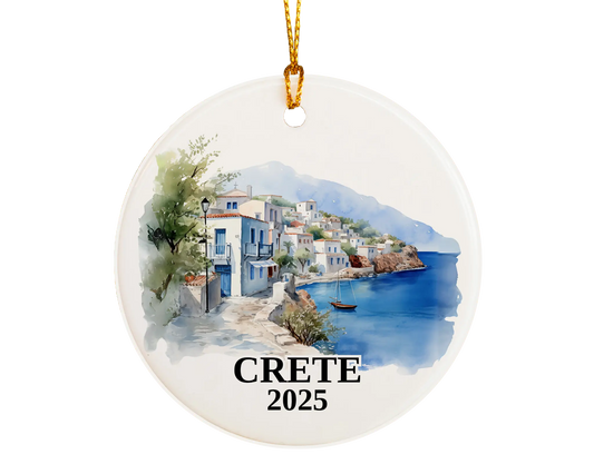 Custom Crete ceramic photo ornament with personalized message – handmade Christmas bauble, gift souvenir, or vacation keepsake.  