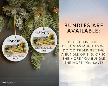 Custom vacation Spain ceramic photo ornament with personalized message – handmade Christmas bauble, gift souvenir, or vacation keepsake. Bundles are available