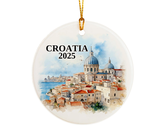 Custom Croatia ceramic photo ornament with personalized message – handmade Christmas bauble, gift souvenir, or vacation keepsake.  