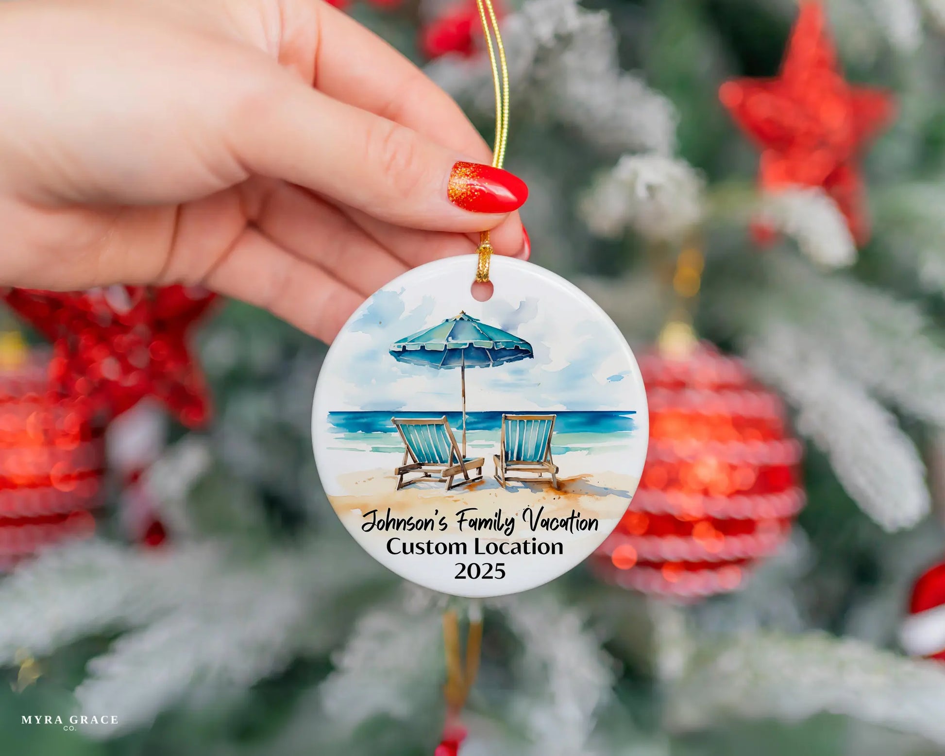 Custom vacation ceramic photo ornament with personalized message – handmade Christmas bauble, gift souvenir, or vacation keepsake. 