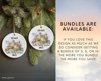 Custom vacation Spain ceramic photo ornament with personalized message – handmade Christmas bauble, gift souvenir, or vacation keepsake. Bundles are available