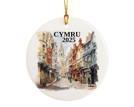 Custom Cymru Wales ceramic photo ornament with personalized message – handmade Christmas bauble, gift souvenir, or vacation keepsake.  