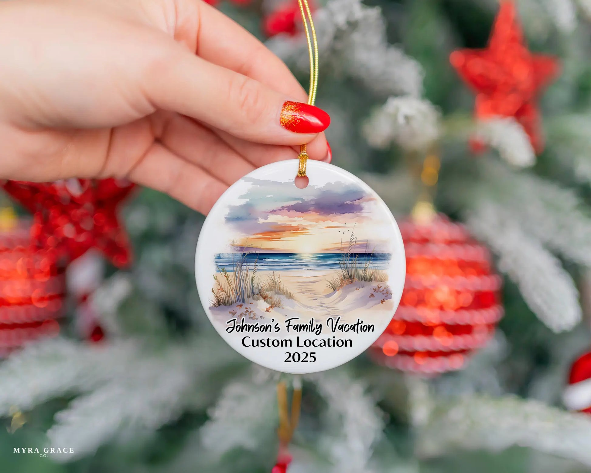 Custom vacation ceramic photo ornament with personalized message – handmade Christmas bauble, gift souvenir, or vacation keepsake. 