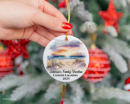 Custom vacation ceramic photo ornament with personalized message – handmade Christmas bauble, gift souvenir, or vacation keepsake. 