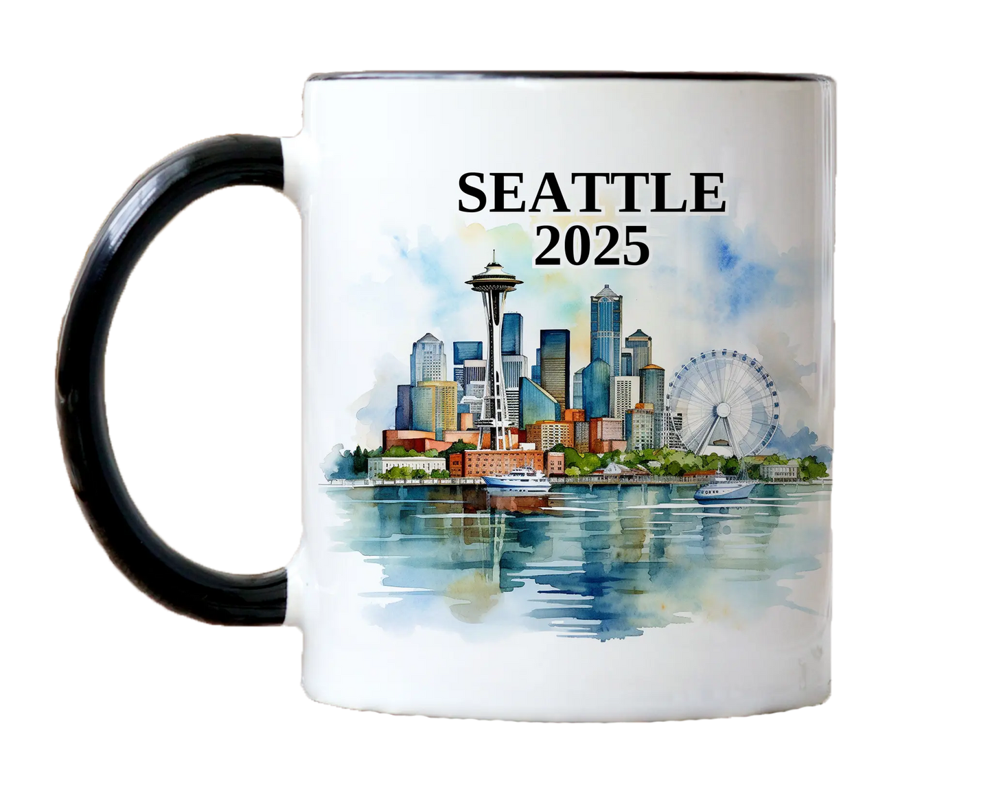 Custom ceramic Seattle vacation mug with watercolor location design, date, and personal photo – personalized travel gift or photo mug.