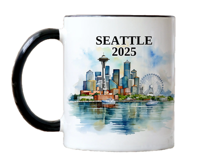 Custom ceramic Seattle vacation mug with watercolor location design, date, and personal photo – personalized travel gift or photo mug.