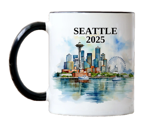 Custom ceramic Seattle vacation mug with watercolor location design, date, and personal photo – personalized travel gift or photo mug.