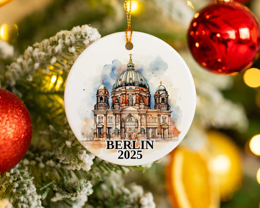 Custom Berlin Germany ceramic photo ornament with personalized message – handmade Christmas bauble, gift souvenir, or vacation keepsake.