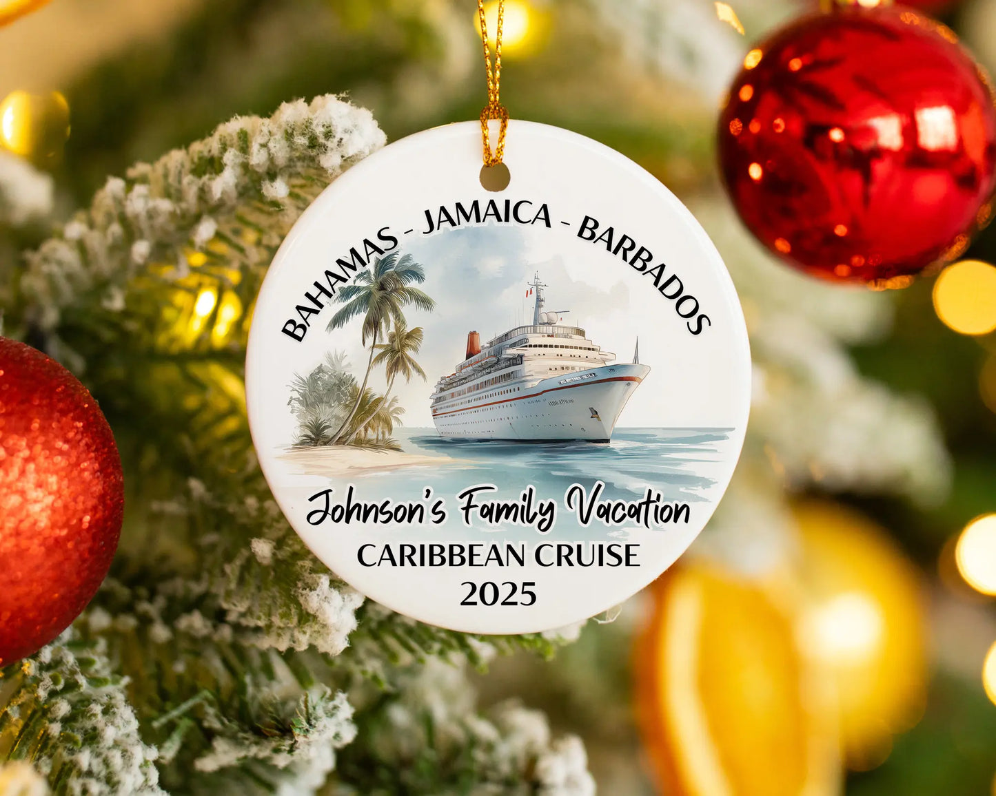 Handmade ceramic Caribbean cruise ornament with personalized location and photo – custom Christmas bauble or cruise vacation souvenir.