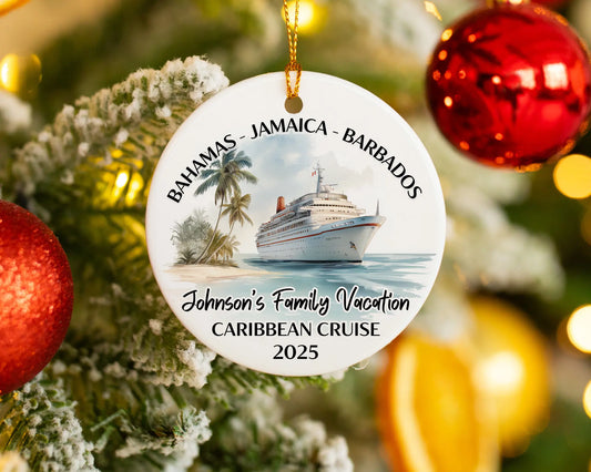 Handmade ceramic Caribbean cruise ornament with personalized location and photo – custom Christmas bauble or cruise vacation souvenir.
