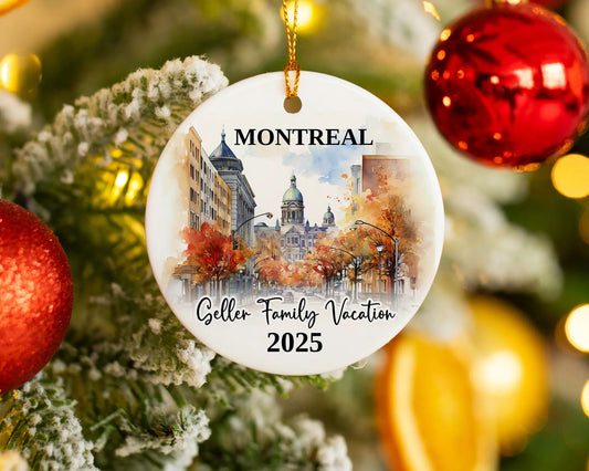 Custom vacation Montreal Quebec ceramic photo ornament with personalized message – handmade Christmas bauble, gift souvenir, or vacation keepsake. 