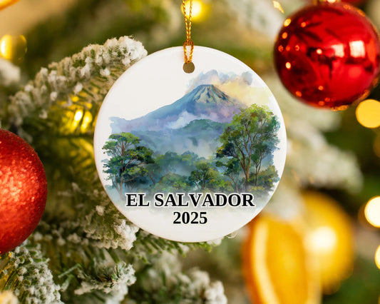 Custom El Salvador ceramic photo ornament with personalized message – handmade Christmas bauble, gift souvenir, or vacation keepsake.  