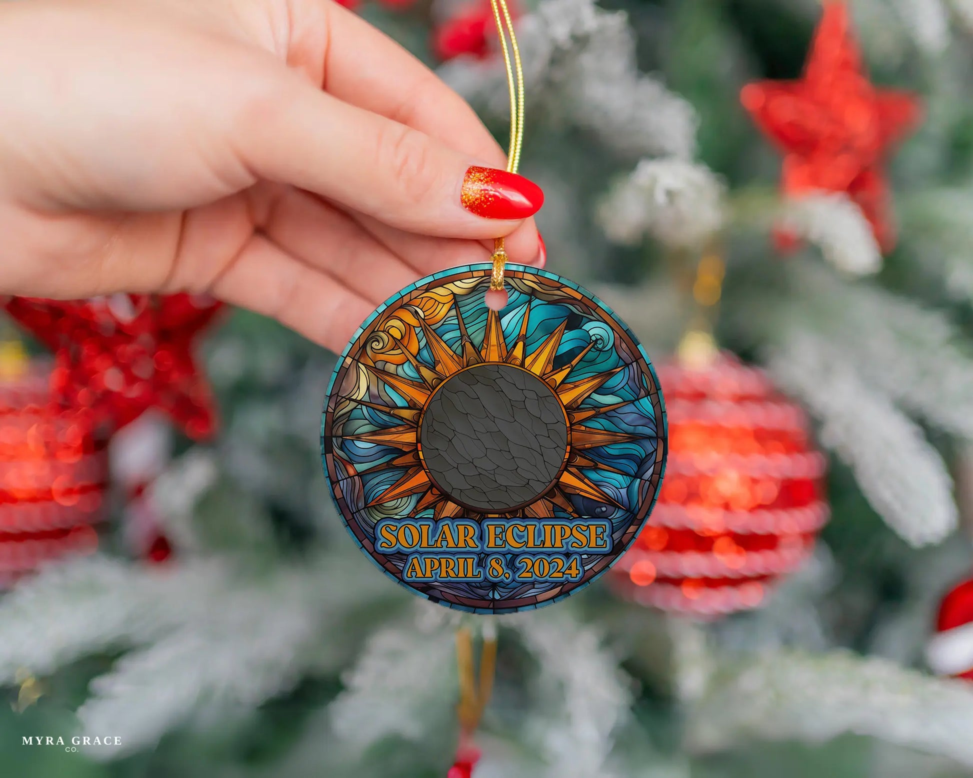 Ceramic solar eclipse 2024 ornament with celestial design – space-themed gift or keepsake.