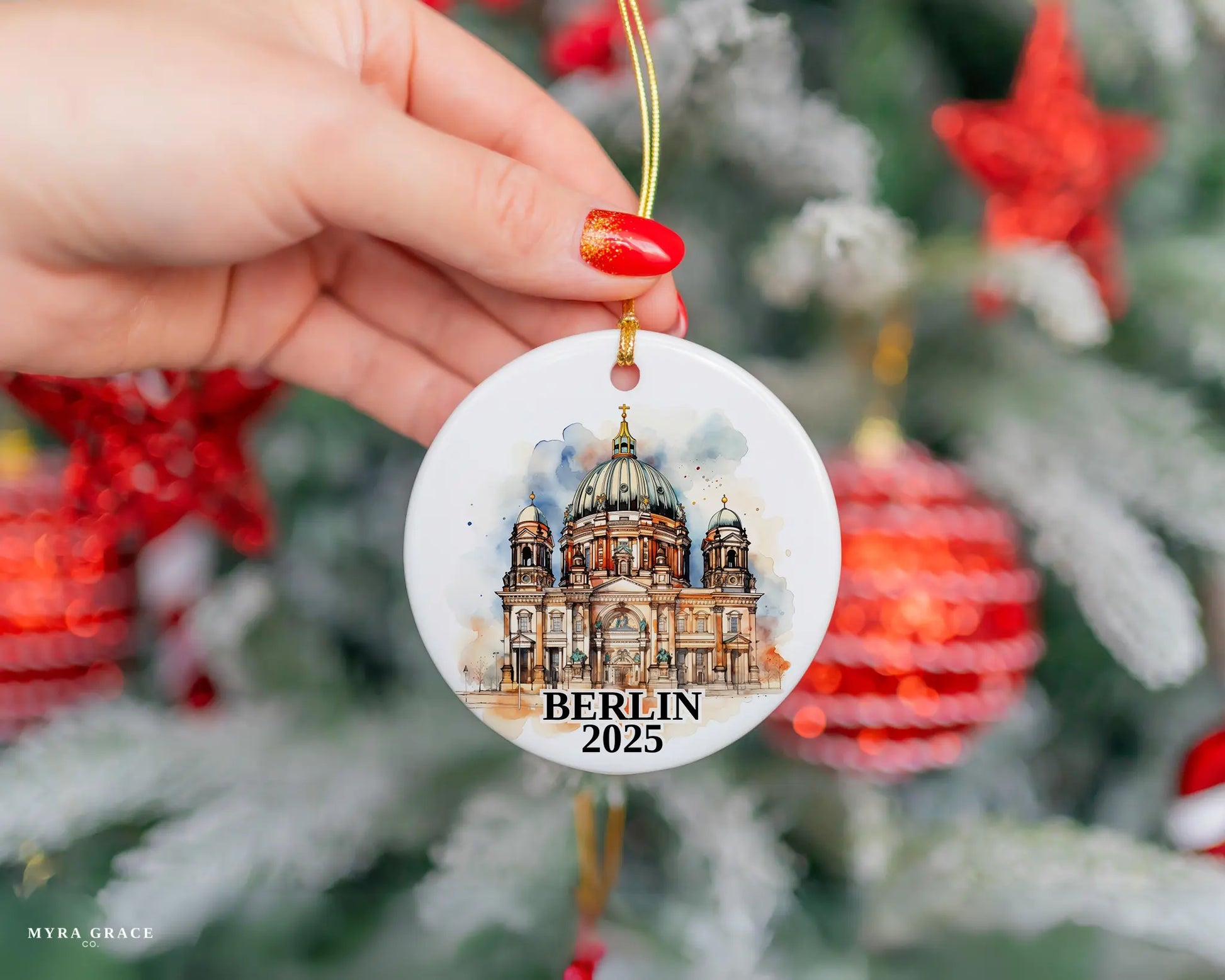 Custom Berlin Germany ceramic photo ornament with personalized message – handmade Christmas bauble, gift souvenir, or vacation keepsake.