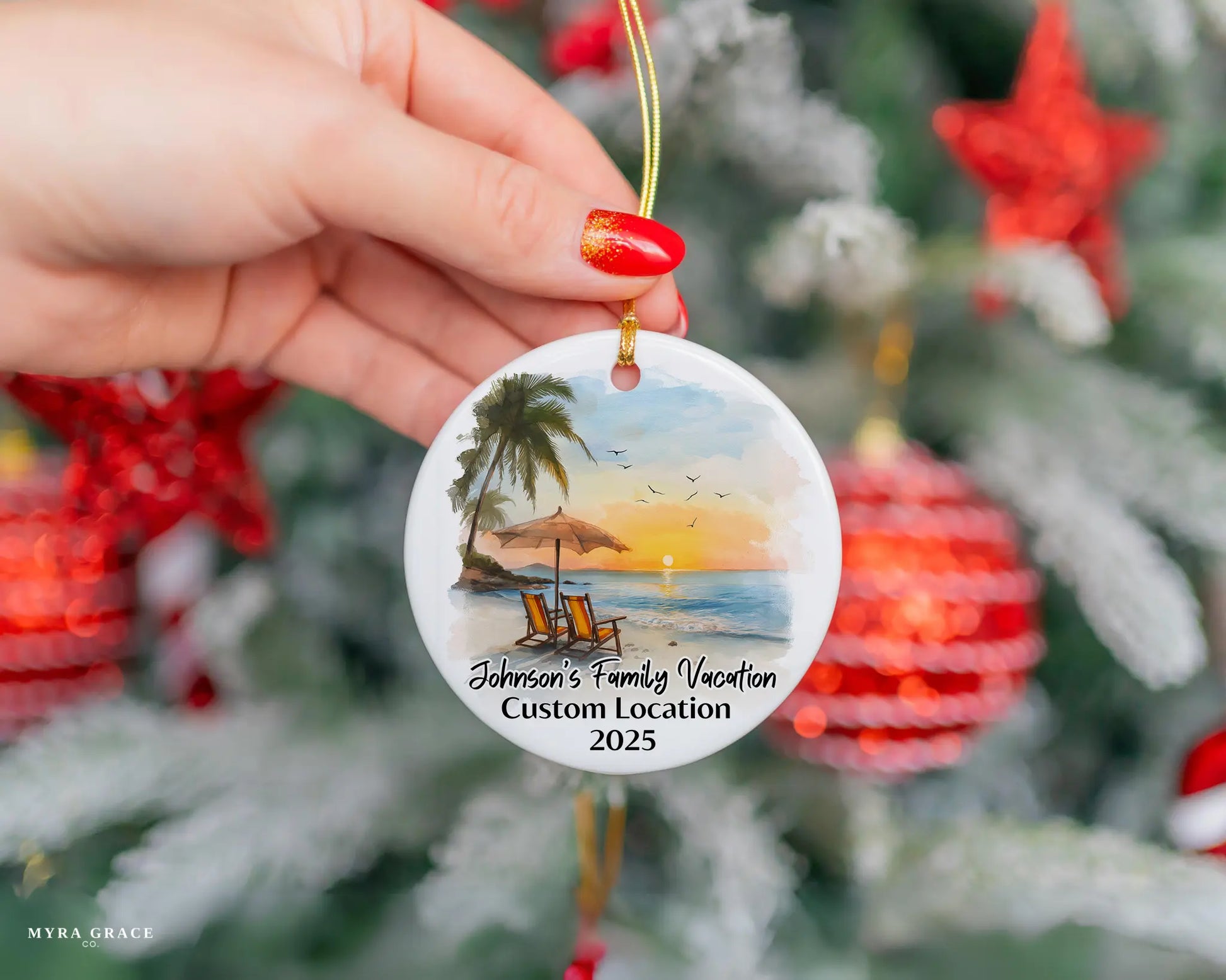 Custom vacation ceramic photo ornament with personalized message – handmade Christmas bauble, gift souvenir, or vacation keepsake. 